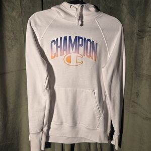 Champion White Hoodie with Blue to Orange Ombre Logo
